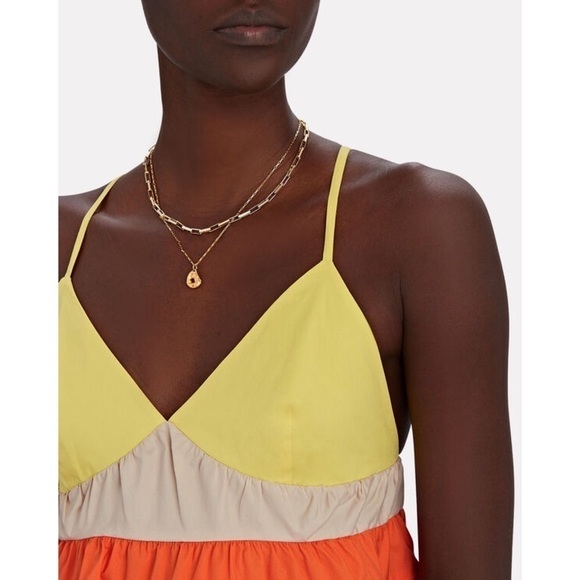 STAUD Colorblock Rainbow Stripe Sleeveless V-Neck Tiered Ruffle Babydoll Top S - Picture 9 of 13